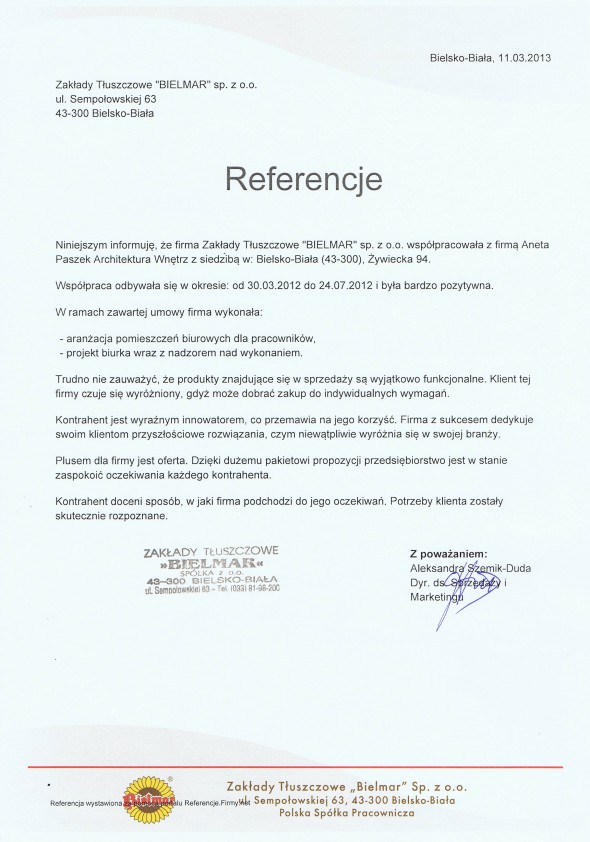 Referencja od firmy Bielmar