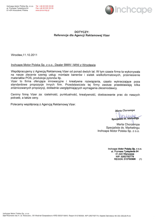 Referencja od firmy BMW Inchcape