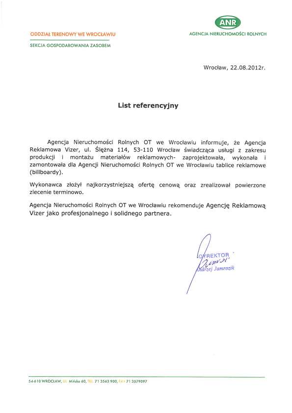 Referencja od firmy Agencja Nieruchomości Rolnych