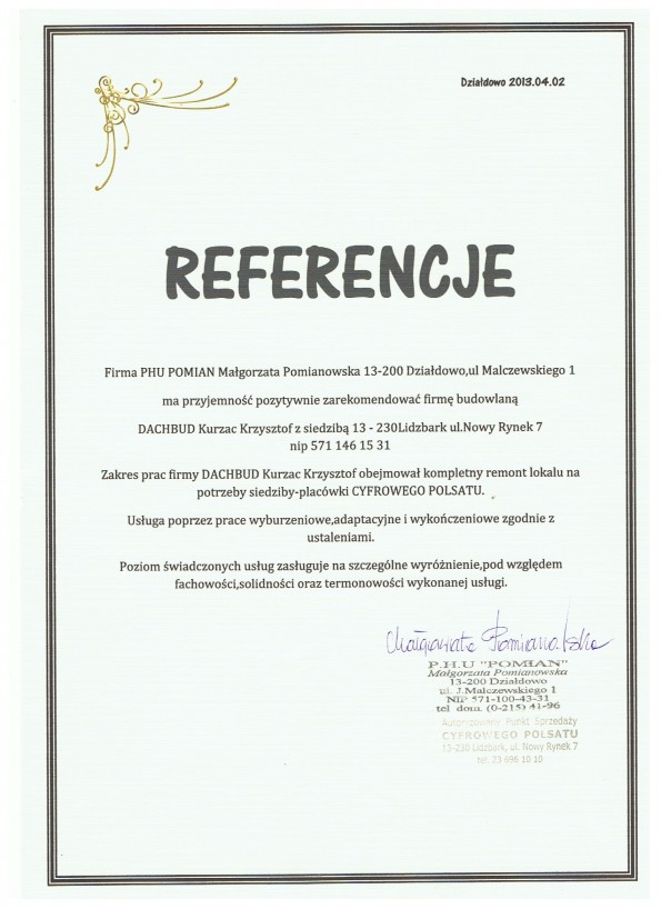 Referencja od firmy Firma PHU Pomian
