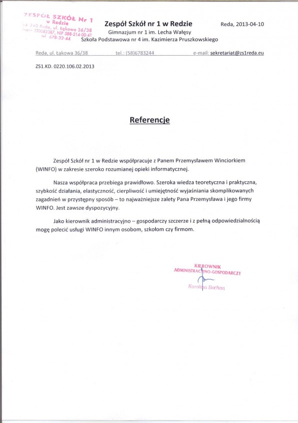 Referencja od firmy Zespół Szkół nr 1 w Redzie
