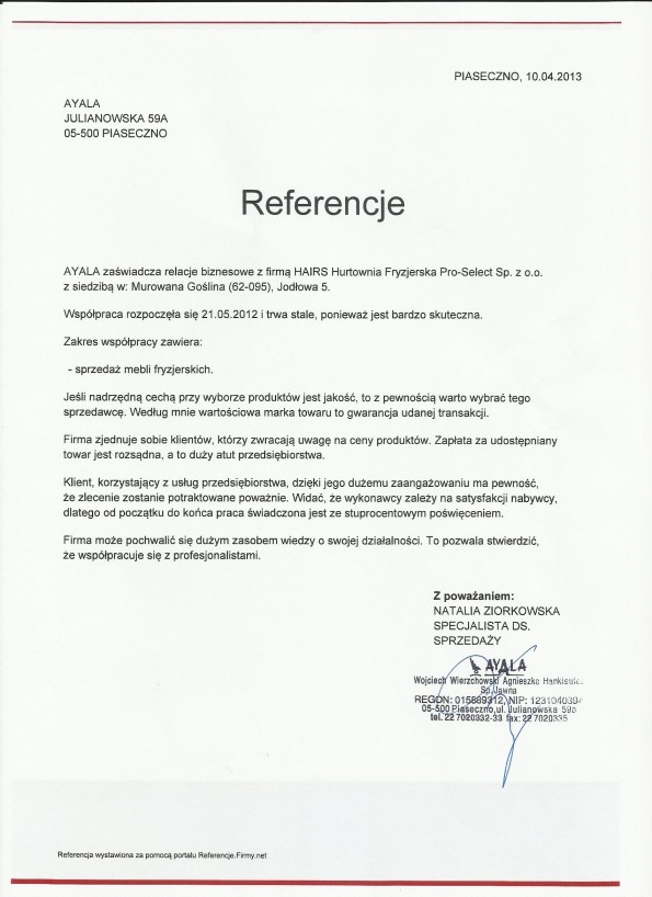 Referencja od firmy AYALA