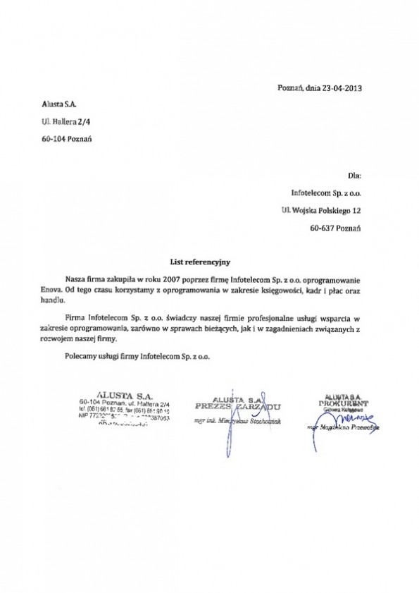 Referencja od firmy Alusta S.A.