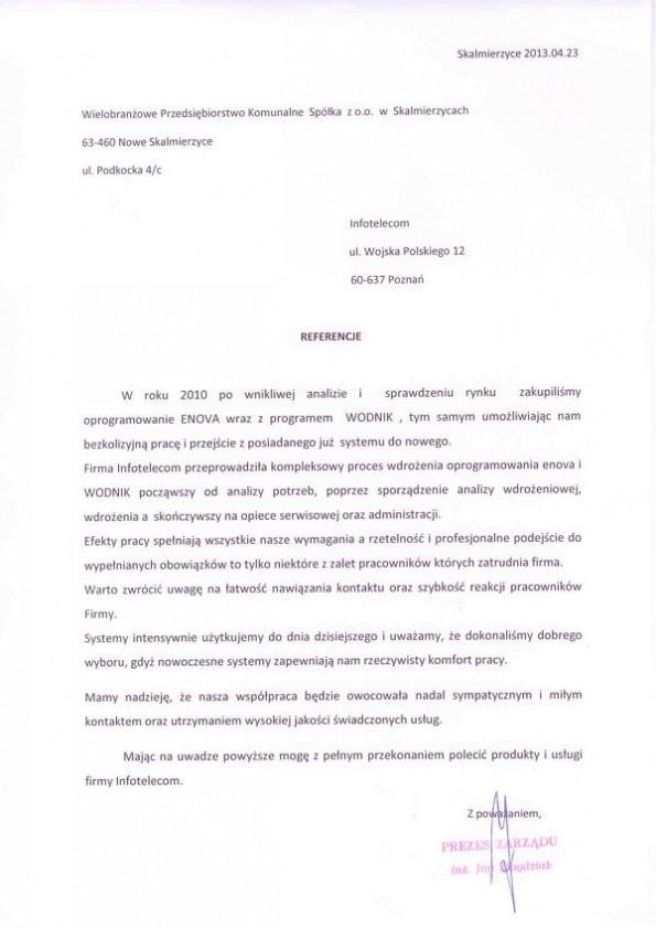 Referencja od firmy Zakład komunalny Nowe Skalmierzyce