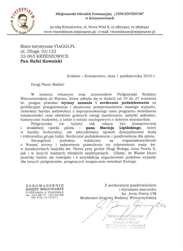 Referencja od firmy Misjonarski Ośrodek Rekolekcyjny VINCENTINUM
