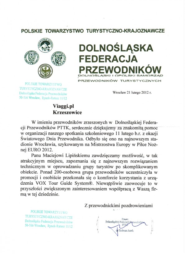 Referencja od firmy Dolnośląska Federacja Przewodników
