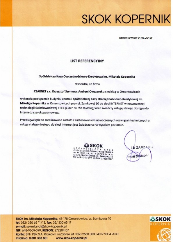 Referencja od firmy SKOK KOPERNIK
