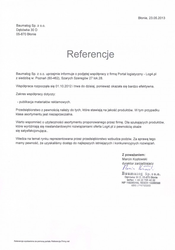 Referencja od firmy Baumalog Sp. z o.o.