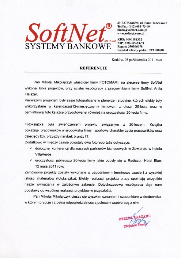 Referencja od firmy SOFTNET SYSTEMY BANKOWE