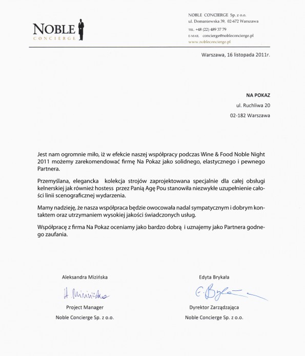 Referencja od firmy Noble Concierge