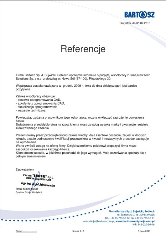 Referencja od firmy Bartosz Sp.J.