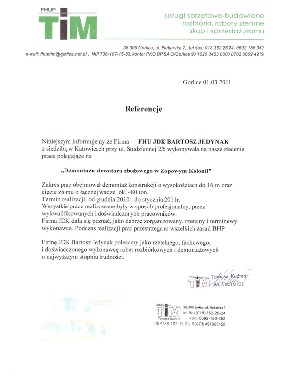 Referencja od firmy FHUP TIM Gorlice