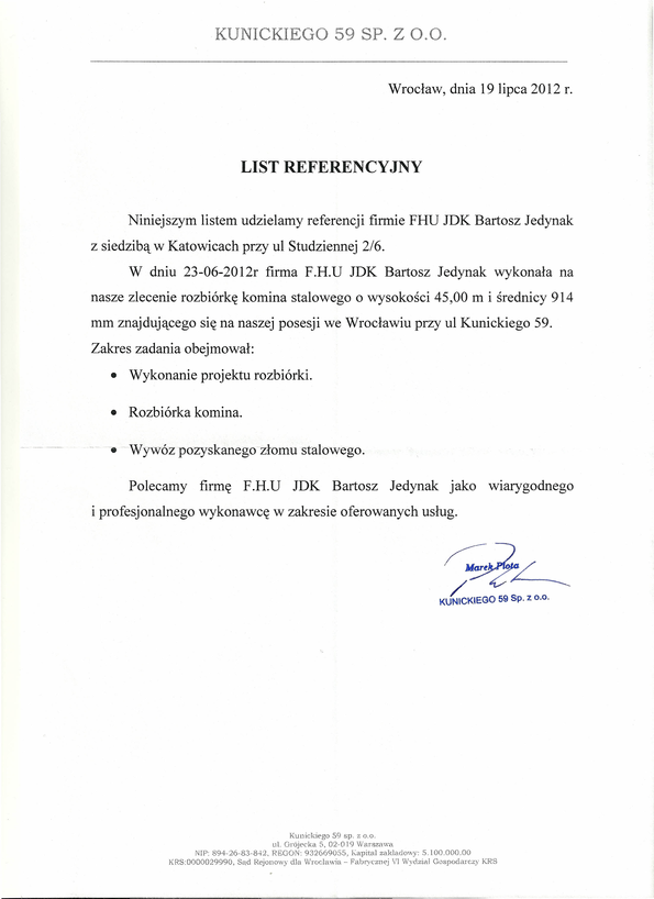 Referencja od firmy Kunickiego 59 Sp. z o.o.