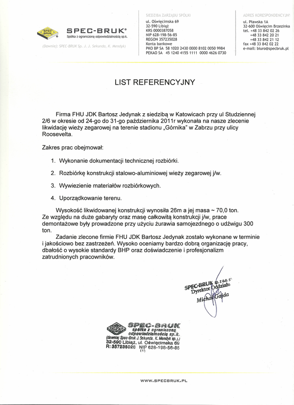 Referencja od firmy Spec-Bruk Sp.z o.o.