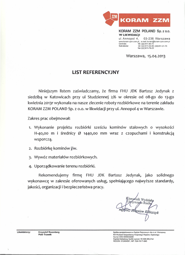 Referencja od firmy KORAM ZZM POLAND Sp. z o.o.