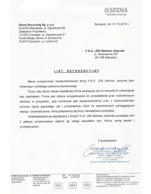 Referencja od firmy STENA Recycling