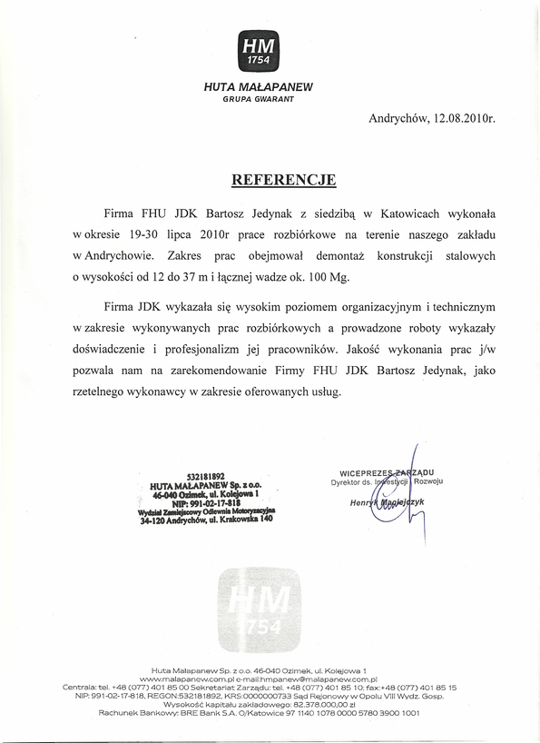 Referencja od firmy Huta Małapanew Sp. z o,o,