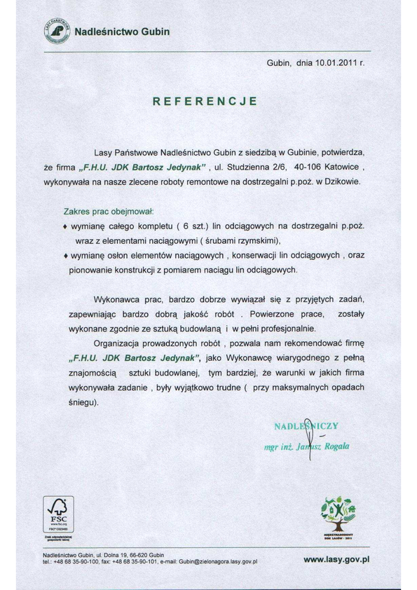 Referencja od firmy Nadleśnictwo Gubin