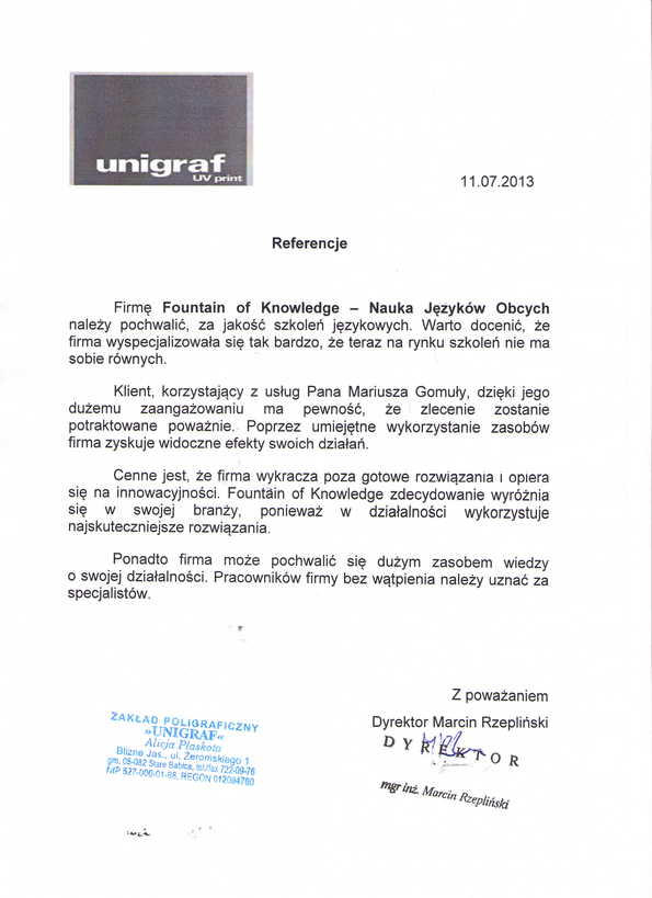 Referencja od firmy Unigraf