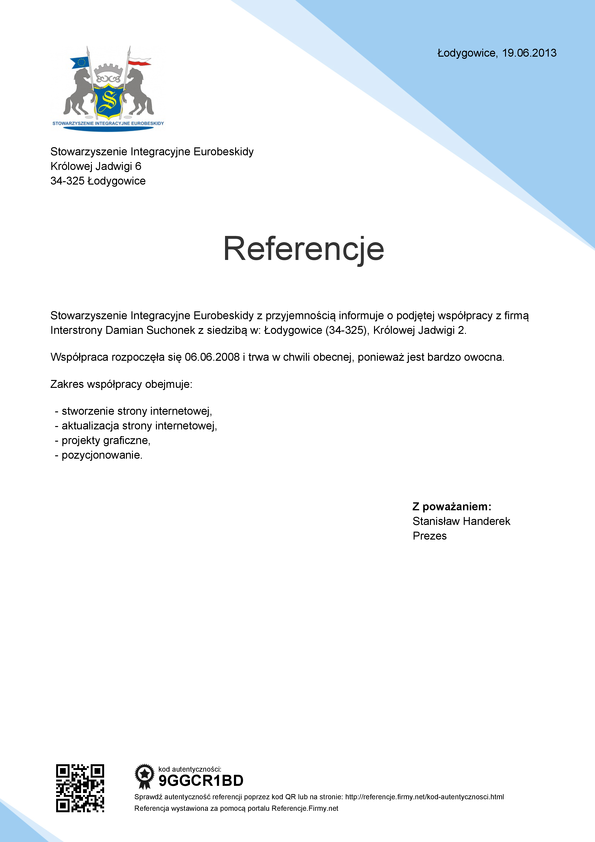 Referencja od firmy Stowarzyszenie Integracyjne Eurobeskidy