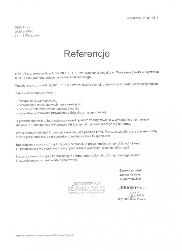 Referencja od firmy DEBIUT s.c.