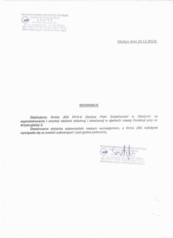 Referencja od firmy Fundacja SECWS Helper w Olsztynie