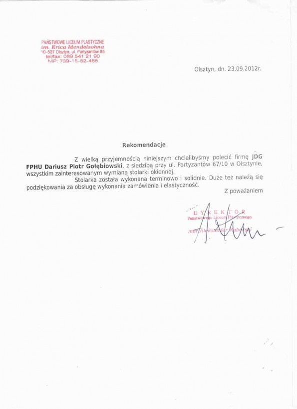 Referencja od firmy Państwowe Liceum Plastyczne w Olsztynie