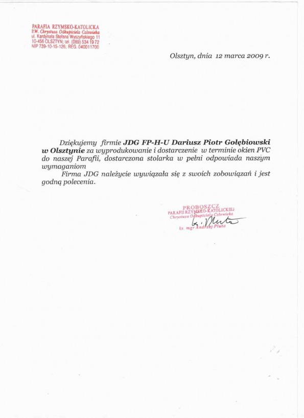 Referencja od firmy Parafia Rzymsko-Katolicka p.w. Chrystusa Odkupiciela Człowieka w Olsztynie