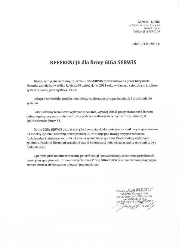 Referencja od firmy Gamerc