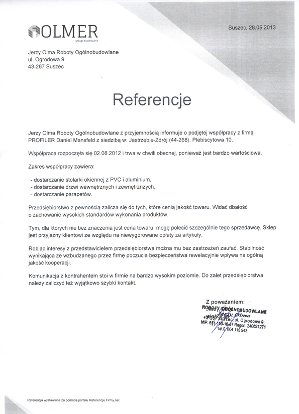 Referencja od firmy Jerzy Olma Roboty Ogólnobudowlane