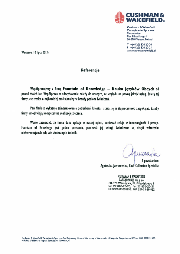 Referencja od firmy Cushman & Wakefield Polska Sp. z o.o.