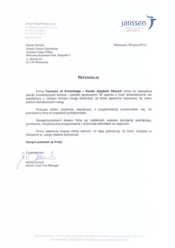 Referencja od firmy Janssen-Cilag Polska