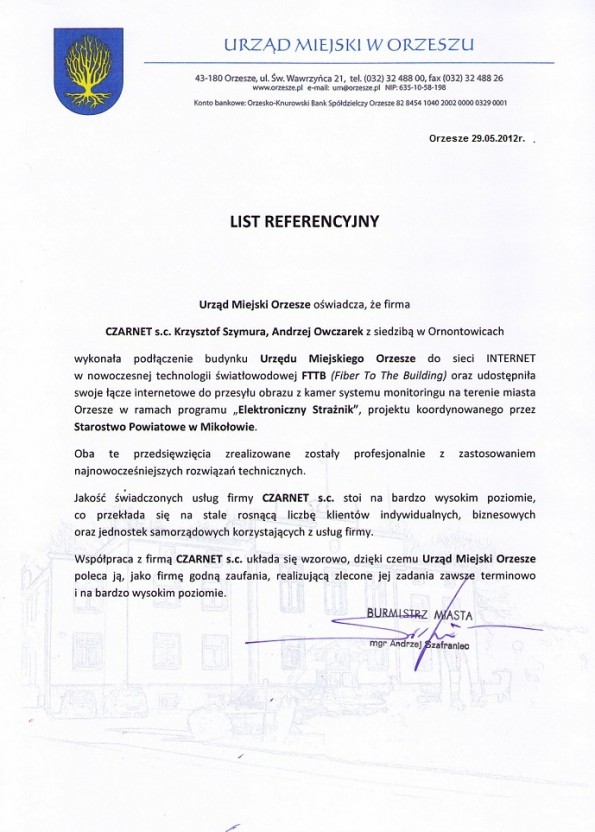 Referencja od firmy Urząd Miasta ORzesze