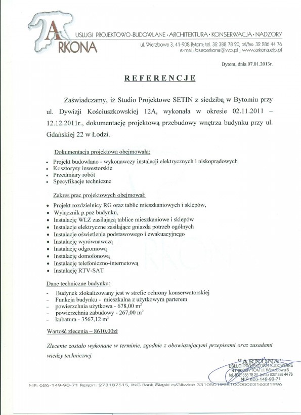 Referencja od firmy ARKONA Bytom