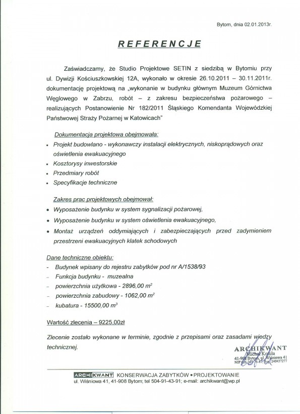 Referencja od firmy ARCHIKWANT Bytom