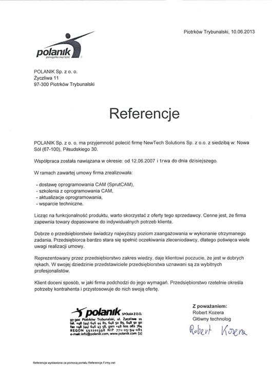 Referencja od firmy Polanik Sp. z.o.o.