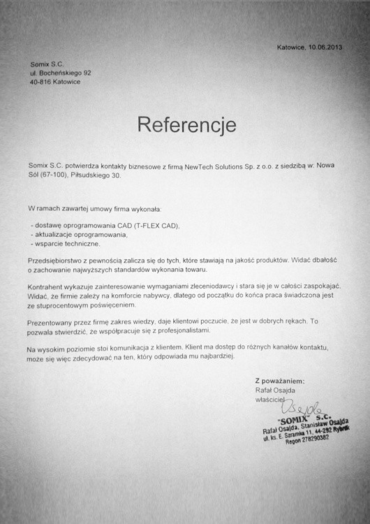 Referencja od firmy Somix S.C.