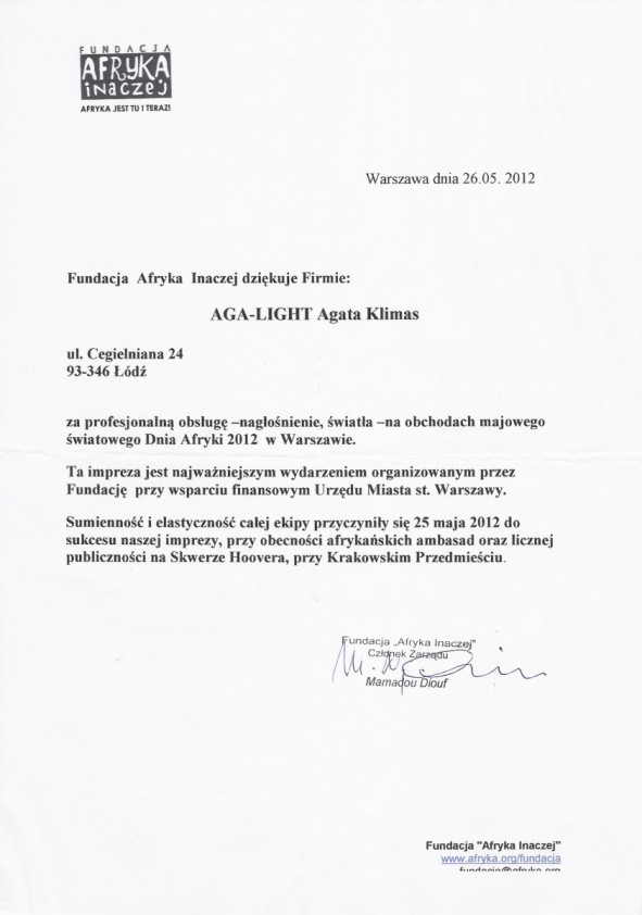 Referencja od firmy Fundacja Afryka Inaczej