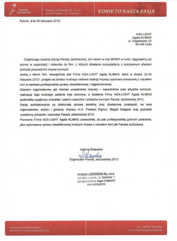 Referencja od firmy Parada Jeździecka