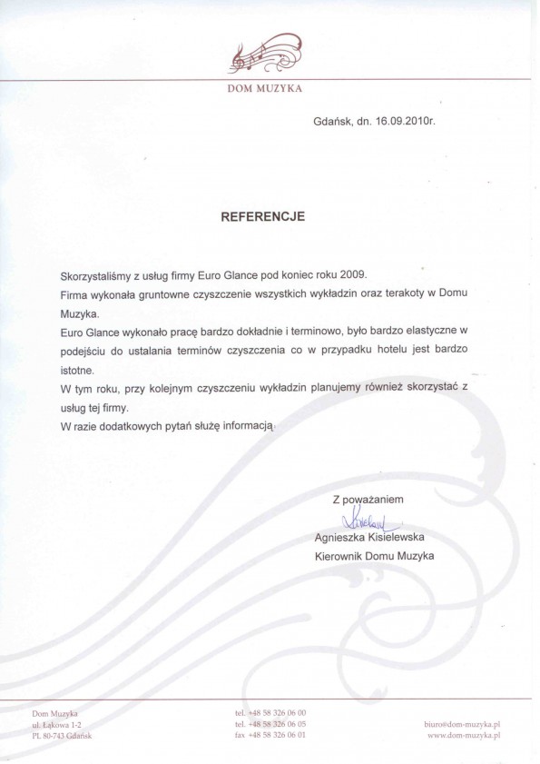 Referencja od firmy Dom Muzyka