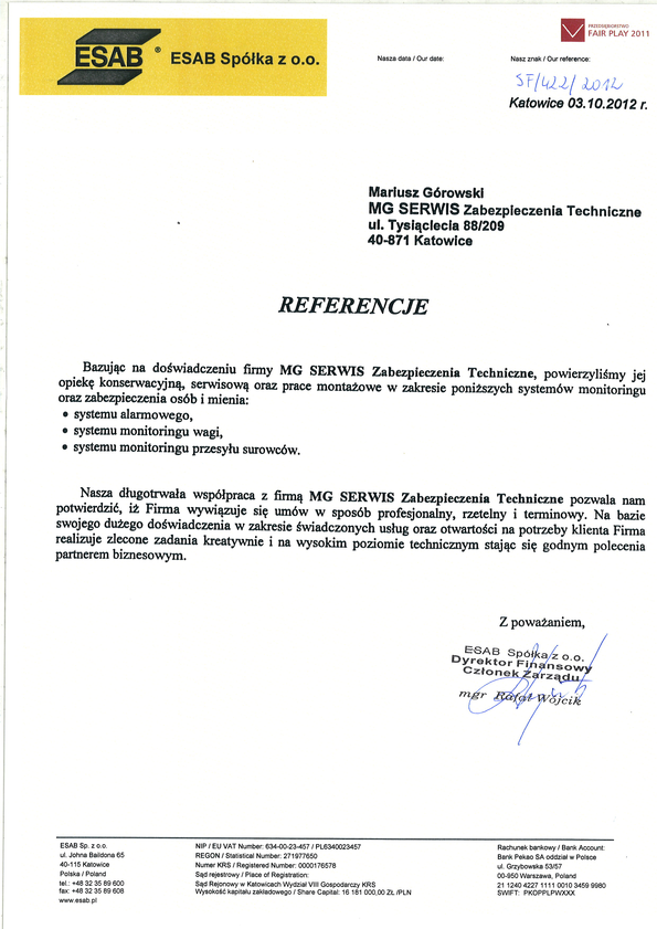 Referencja od firmy ESAB Sp. z o .o.