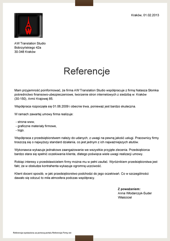 Referencja od firmy AW Translation Studio