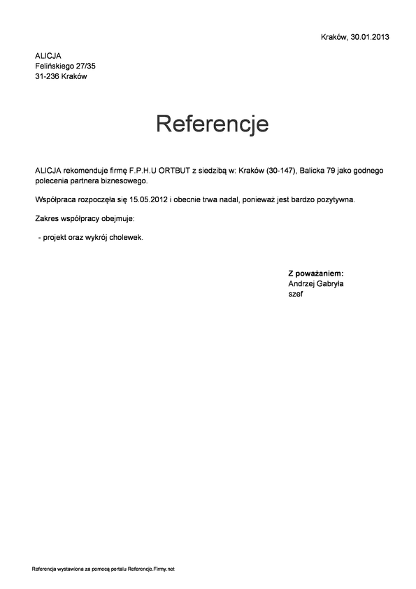 Referencja od firmy ALICJA