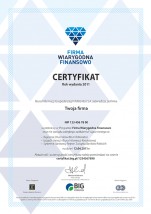 Certyfikat Firmy Wiarygodnej Finansowo - Biuro Informacji Gospodarczej InfoMonitor S.A. Warszawa