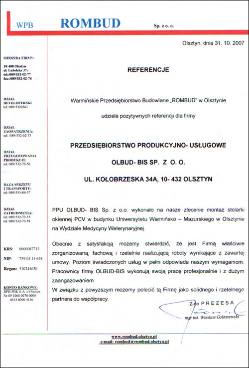Referencja od firmy Warmińskie Przedsiębiorstwo Budowlane ROMBUD