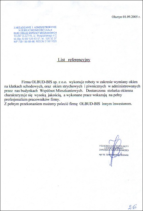 Referencja od firmy Zarządzanie i Administrowanie Nieruchomościami