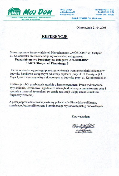 Referencja od firmy Stowarzyszenie Współwłaścicieli Nieruchomości MÓJ DOM