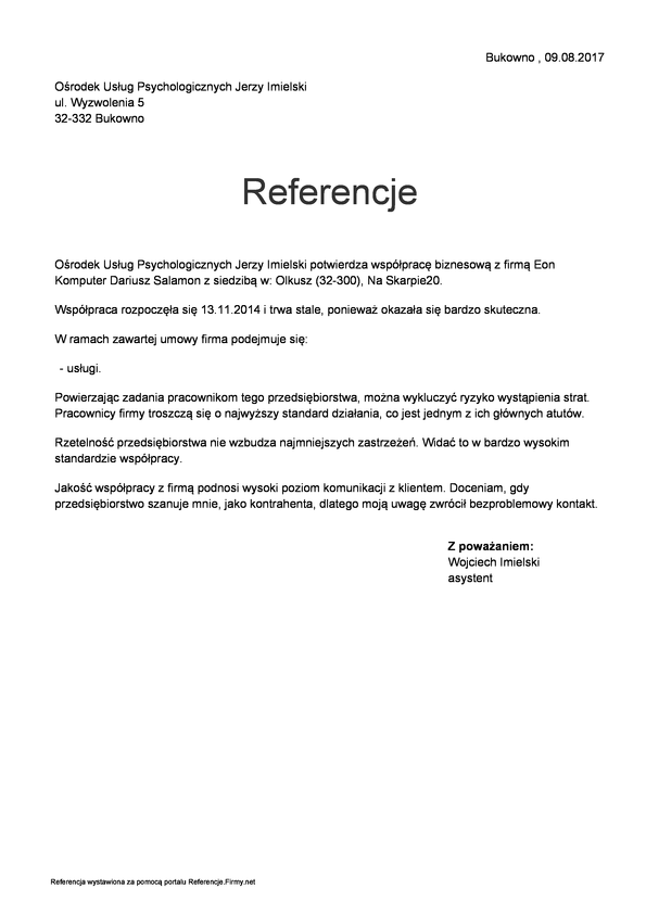 Referencja od firmy Ośrodek Usług Psychologicznych