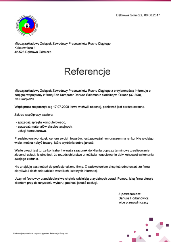 Referencja od firmy Międzyzakładowy Związek Zawodowy Pracowników Ruchu Ciągłego
