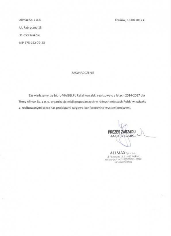Referencja od firmy ALLMAX Sp. z o. o.